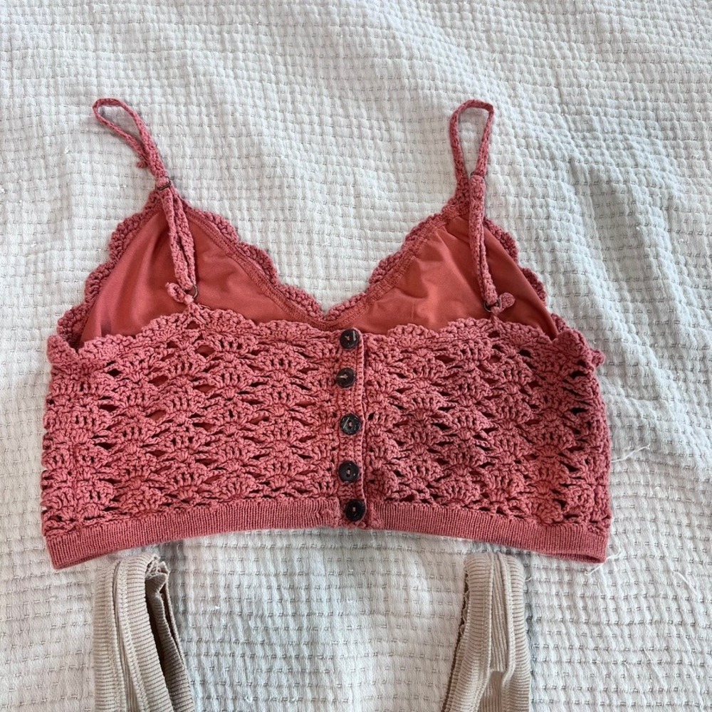 Crochet Cami Ribbed Crop Tank Top Bundle of 2 Womens M Rose Tan Beach Festival - Picture 5 of 13